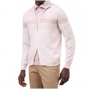 NEW FEDELI milos cashmere linen full-zip sweater in silver stripe